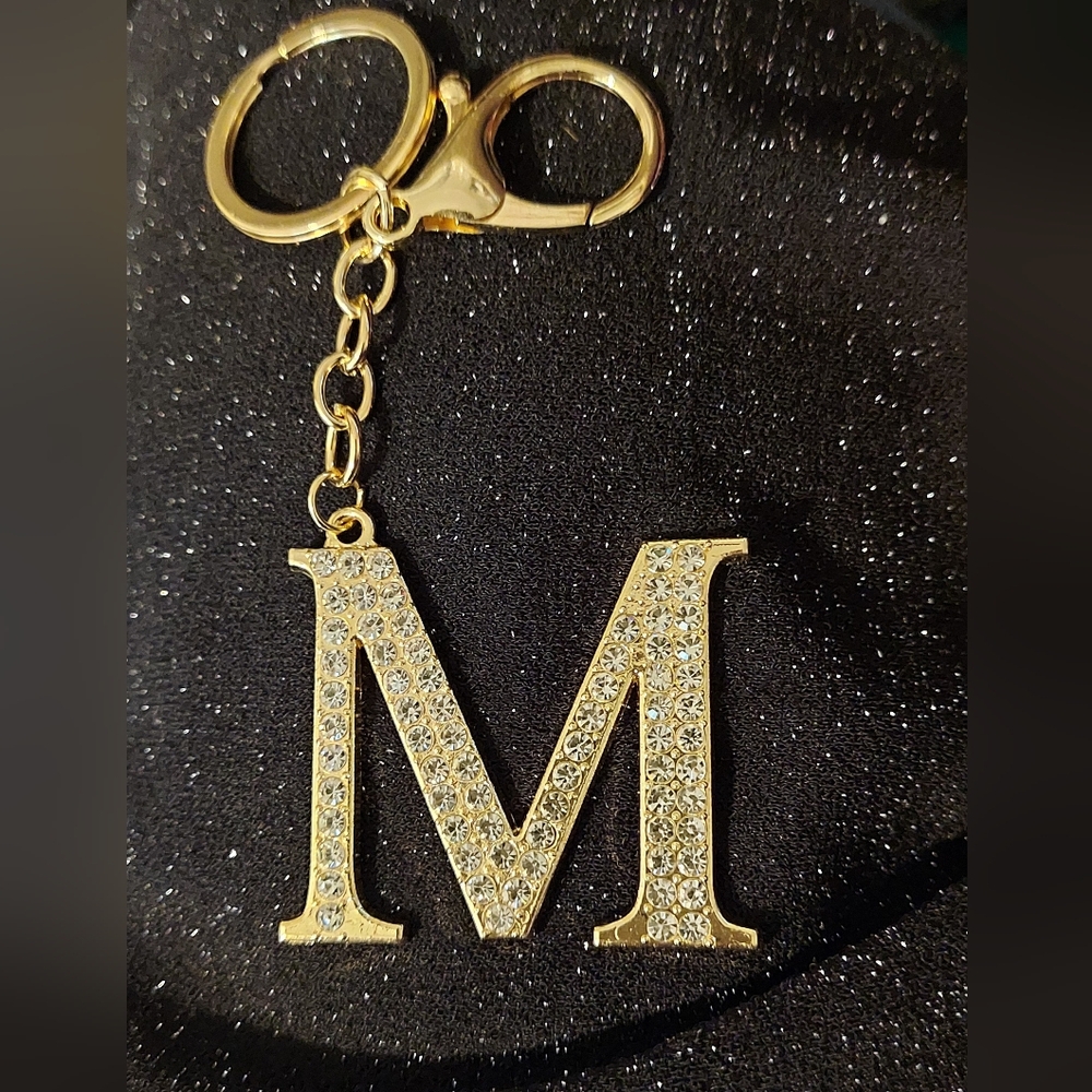 Gold Tone Allover Rhinestone Letter M Initial Bag Purse Charm Keychain N…